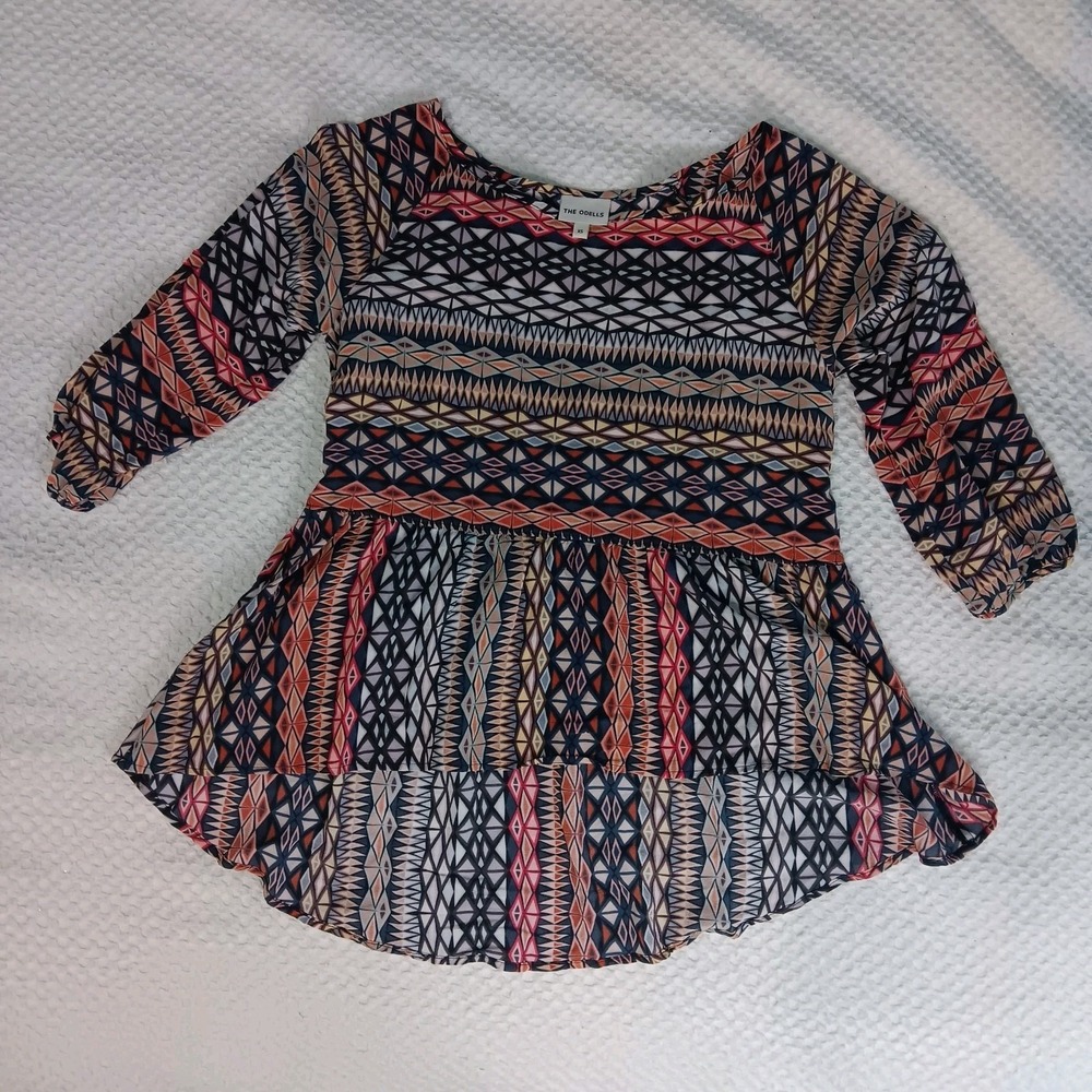 The Odells Womens Silk Geometric High Low‎ Top Size XS Artsy Boho Lightweight